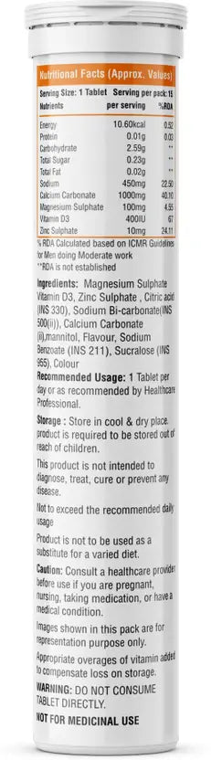 Calcium, Vitamin D3, Zinc & Magnesium – Orange Flavor – 15 Tablets