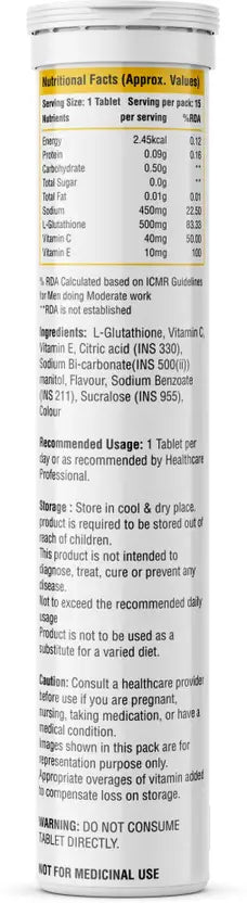 L-Glutathione 500mg Effervescent Tablets – With Vitamin C & E – 15 Tablets
